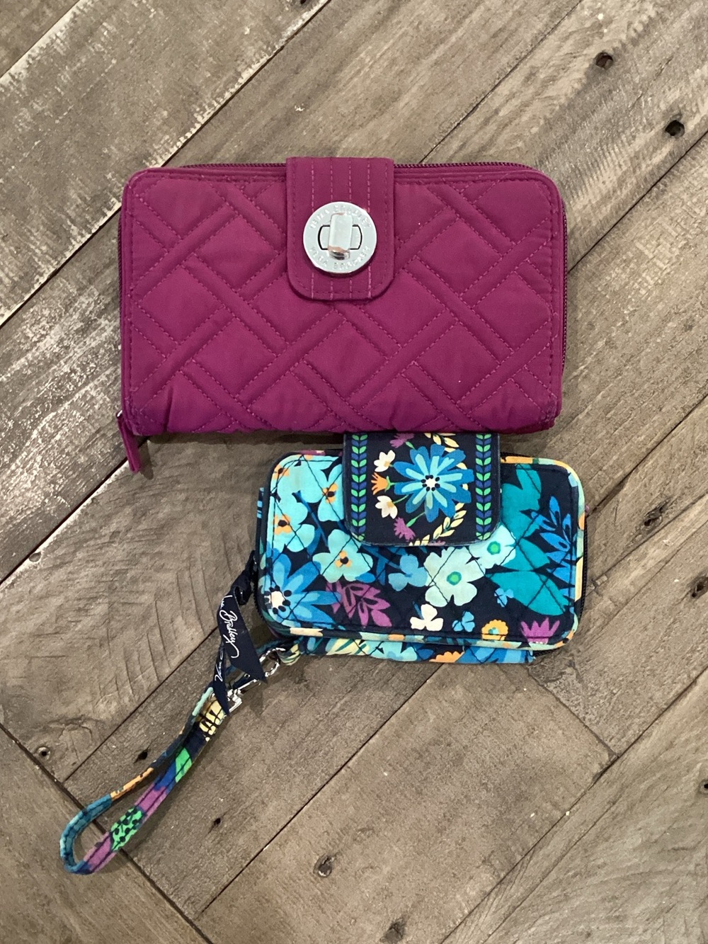 Vera Bradley Quilted Magenta Wallet & Blue Floral Wristlet Set